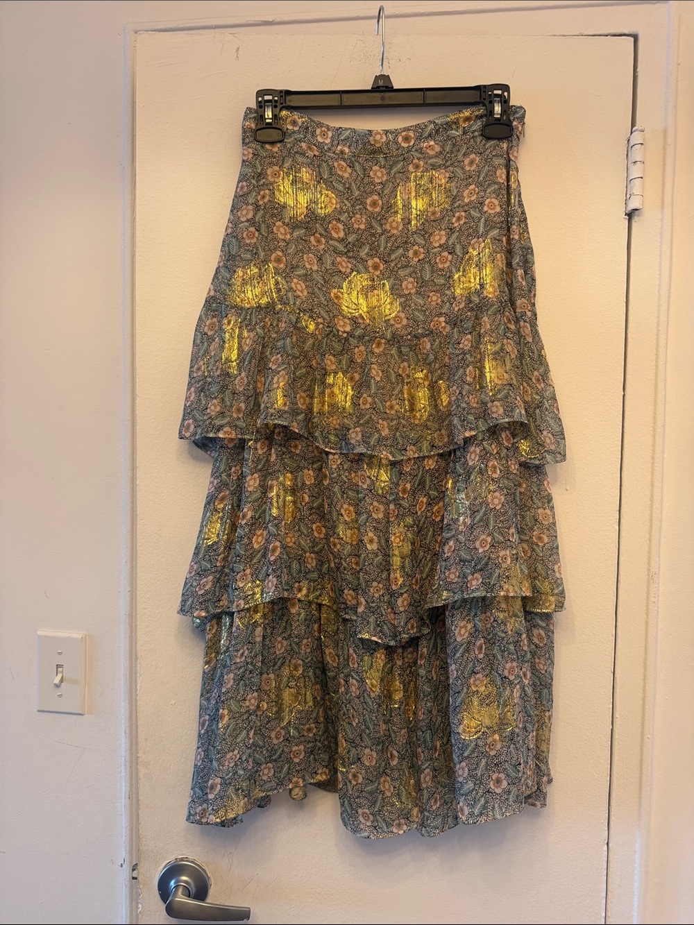 The Kooples Green Floral High-Low Tiered Skirt with Gold Highlights